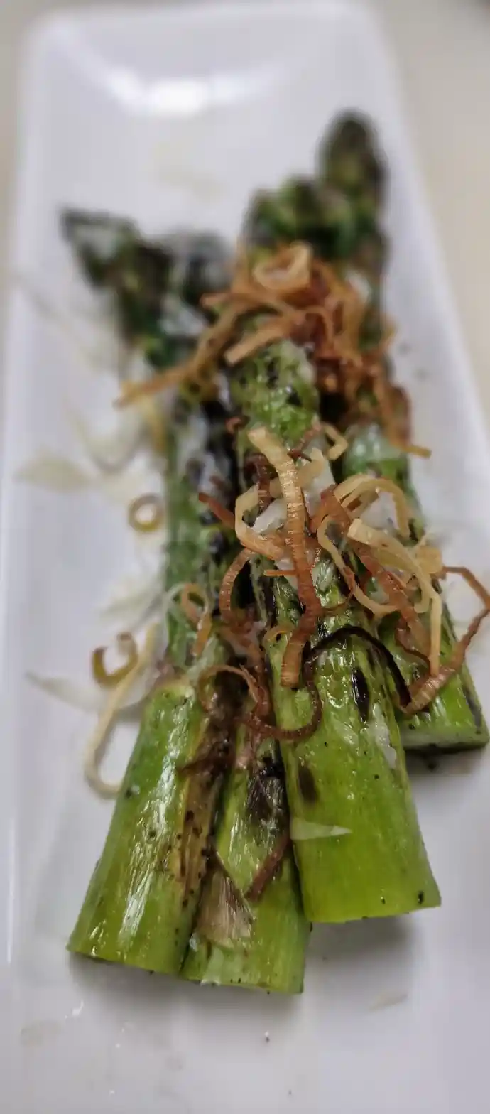 Grilled Asparagus, Shaved Parmesan, Fried Leek